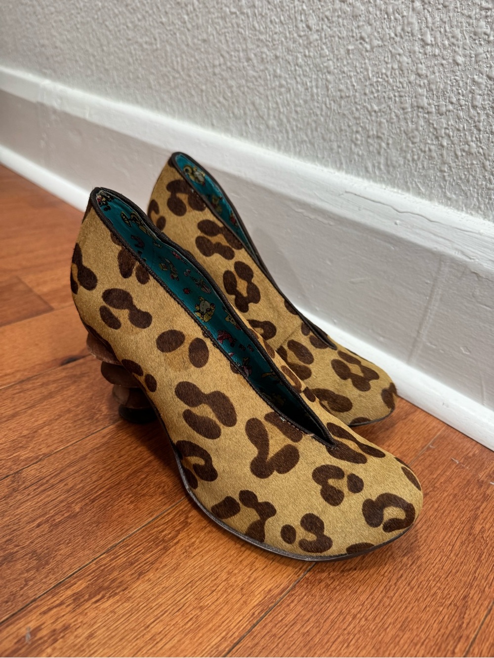 Irregular Choice Low Heel Pumps in leopard print and sculpted wood heels